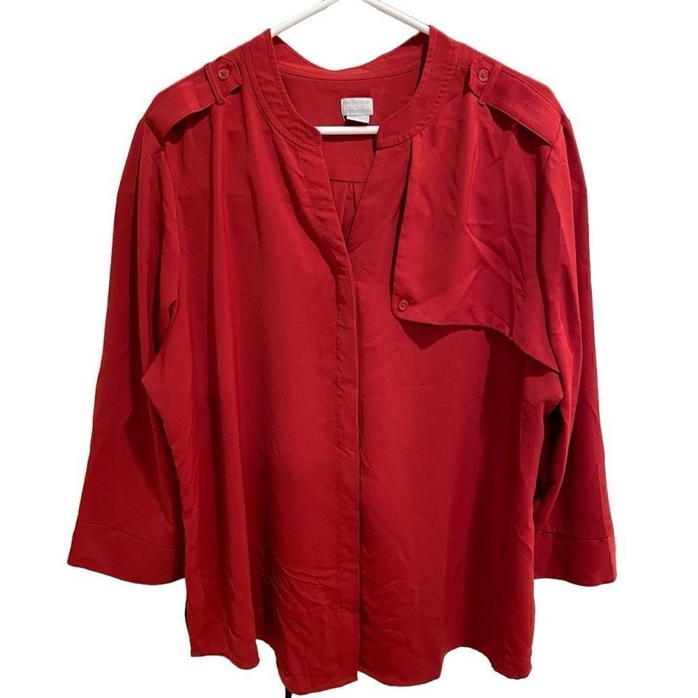 Chicos Tunic Womens 4 (20-22W) Epaulette-Detail Brick Red Drapey Flowy Career